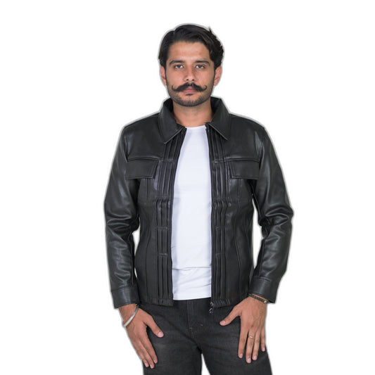 Modern Edge Black Leather Jacket with Structured Detailing