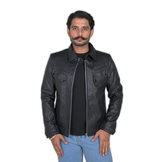 Classic Black Leather Jacket with Flap Pockets and Snap Collar