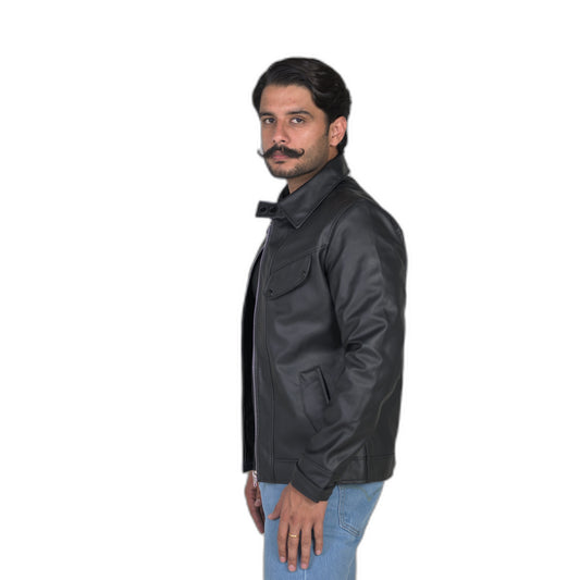 Classic Black Leather Jacket with Flap Pockets and Snap Collar