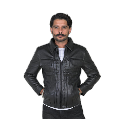 Modern Edge Black Leather Jacket with Structured Detailing