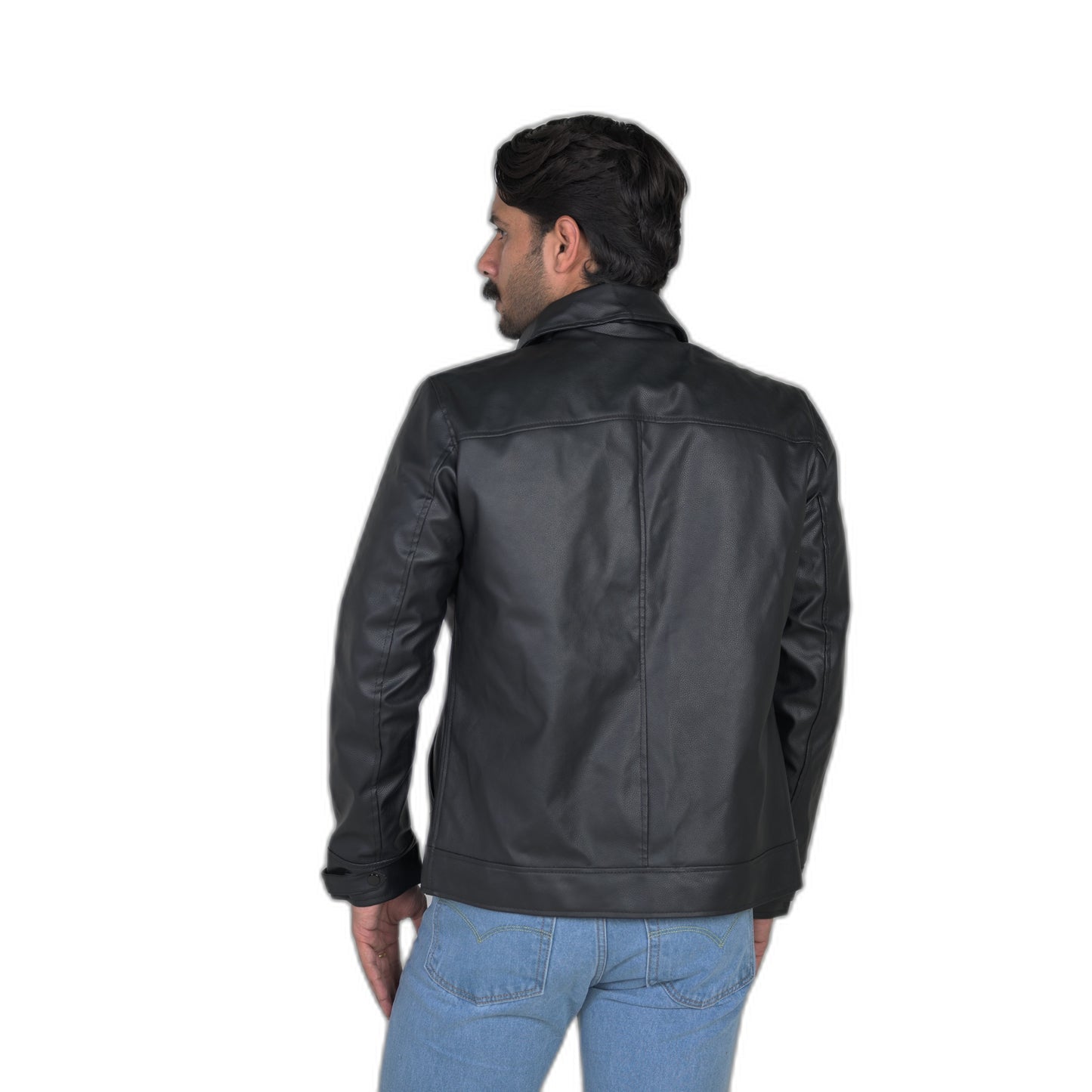 Classic Black Leather Jacket with Flap Pockets and Snap Collar