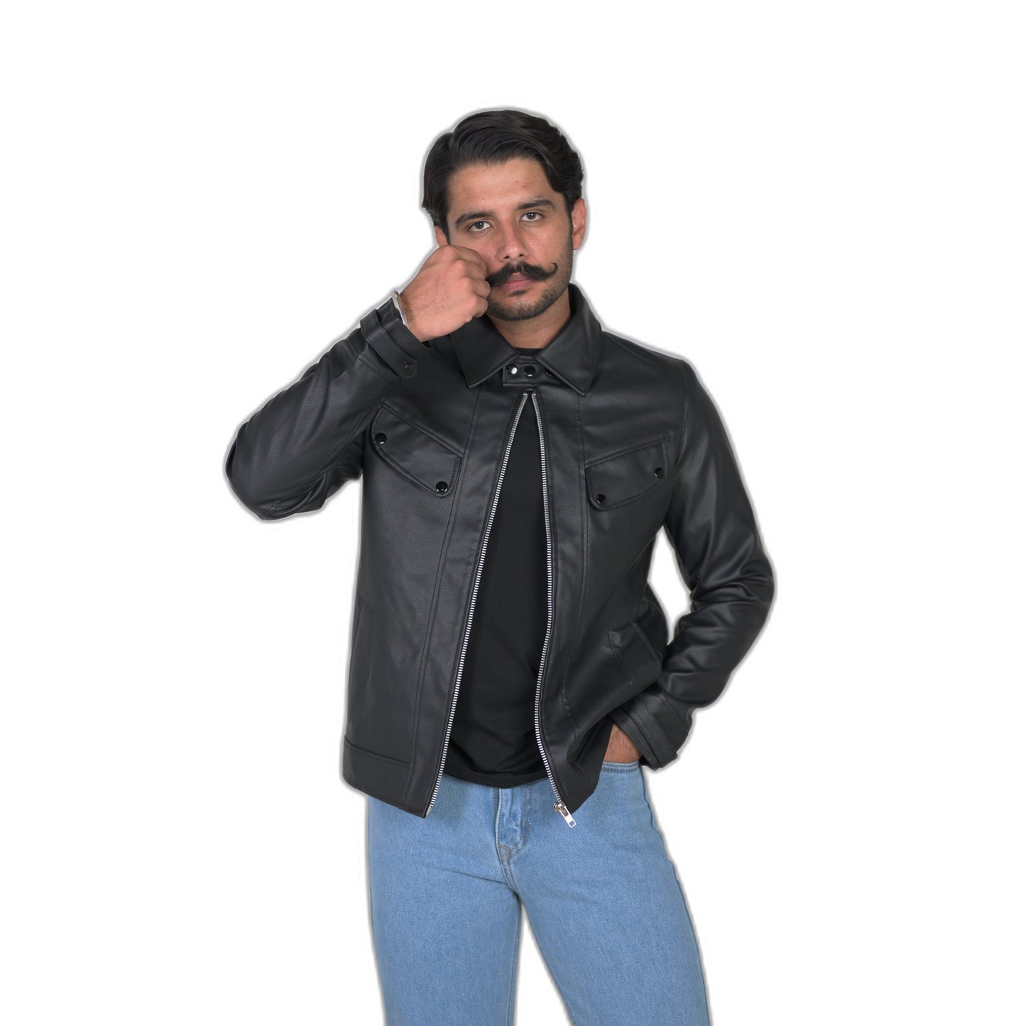 Classic Black Leather Jacket with Flap Pockets and Snap Collar