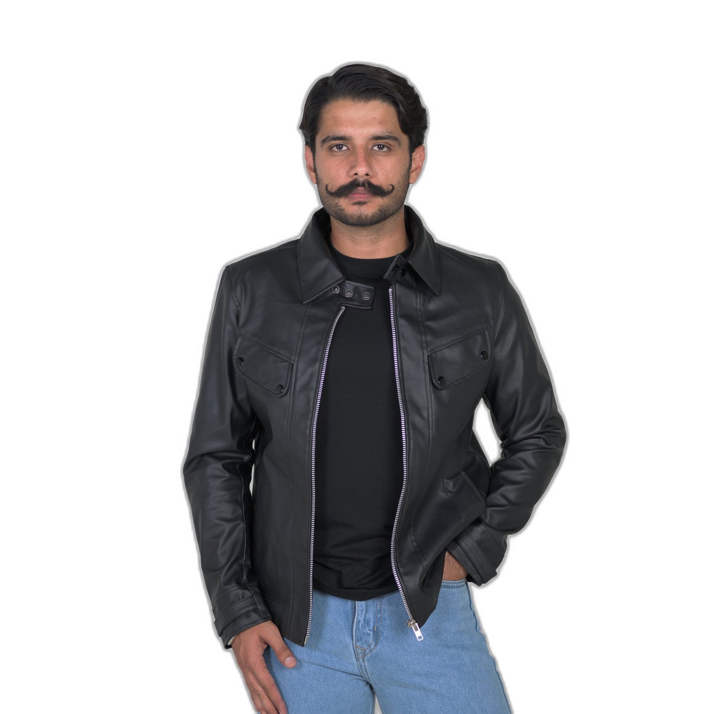 Classic Black Leather Jacket with Flap Pockets and Snap Collar