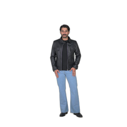 Classic Black Leather Jacket with Flap Pockets and Snap Collar