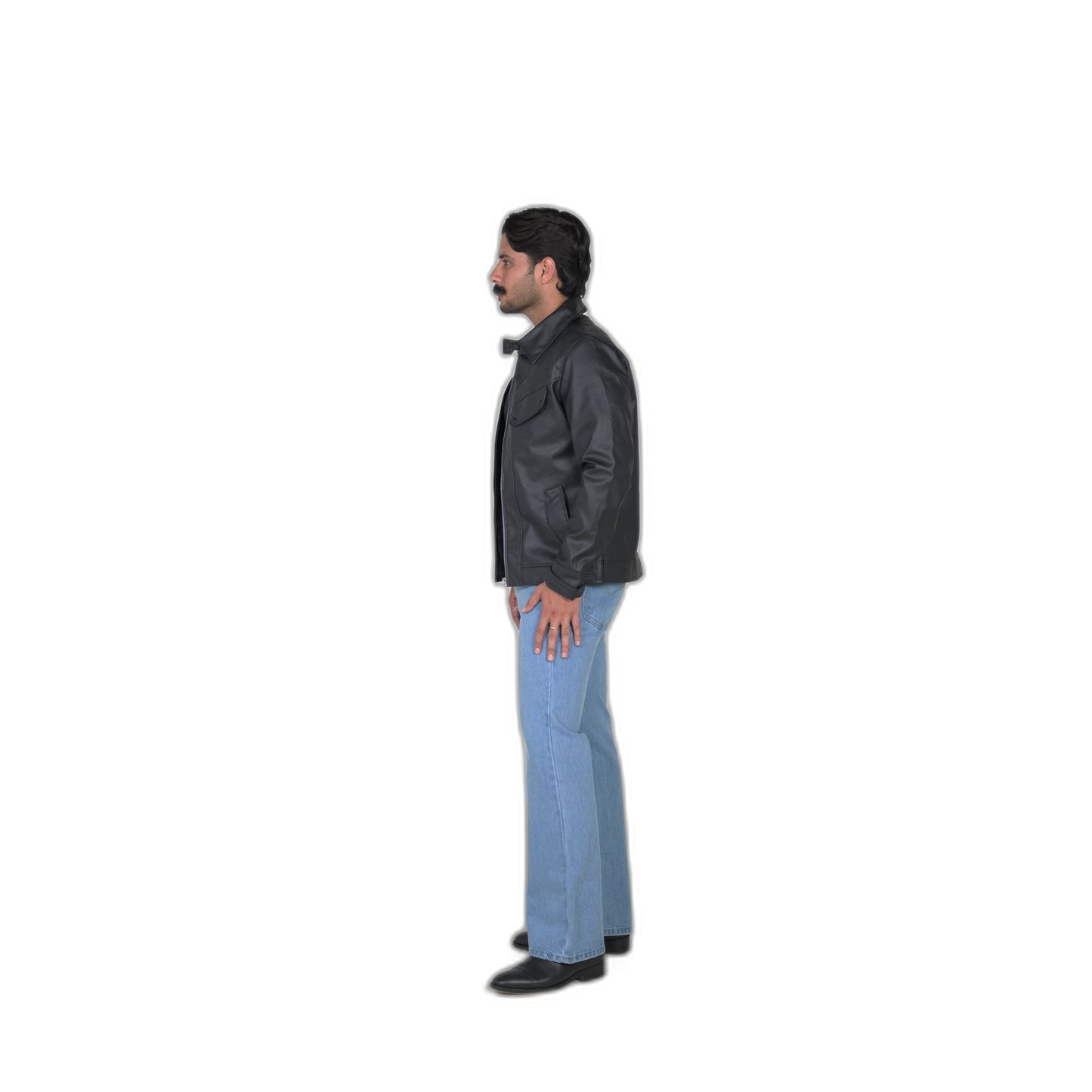 Classic Black Leather Jacket with Flap Pockets and Snap Collar