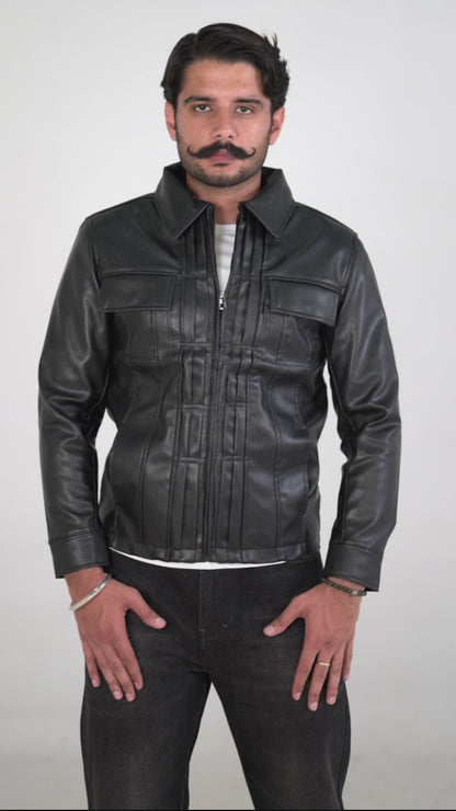 Modern Edge Black Leather Jacket with Structured Detailing